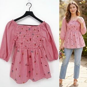 Grand & Greene Red Striped Embroidery Smock Blouse | Small